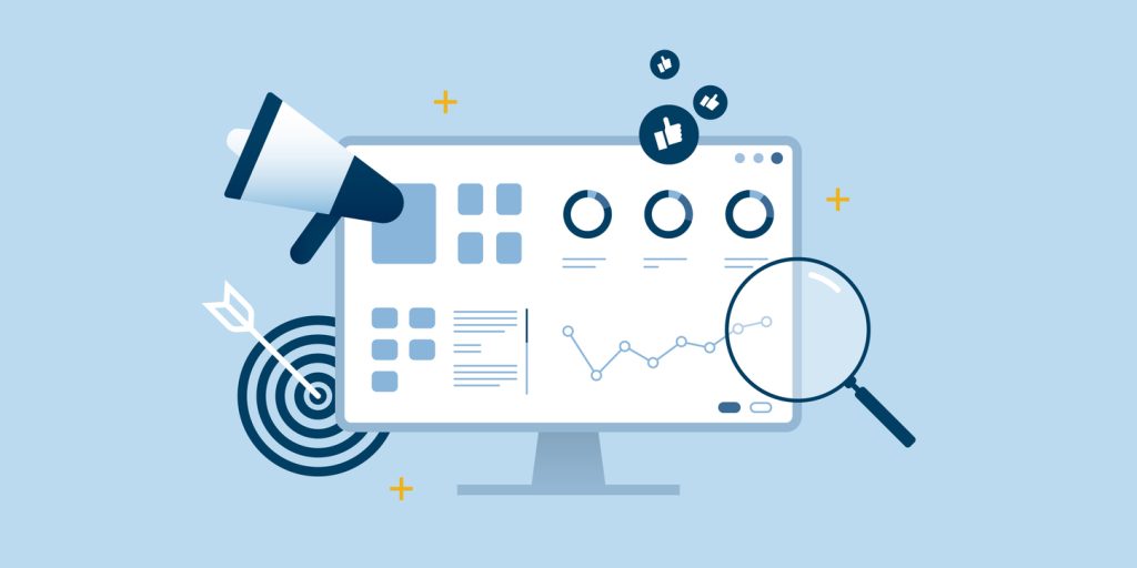 an illustration of data analytics tools on a monitor screen to help drive digital marketing results.